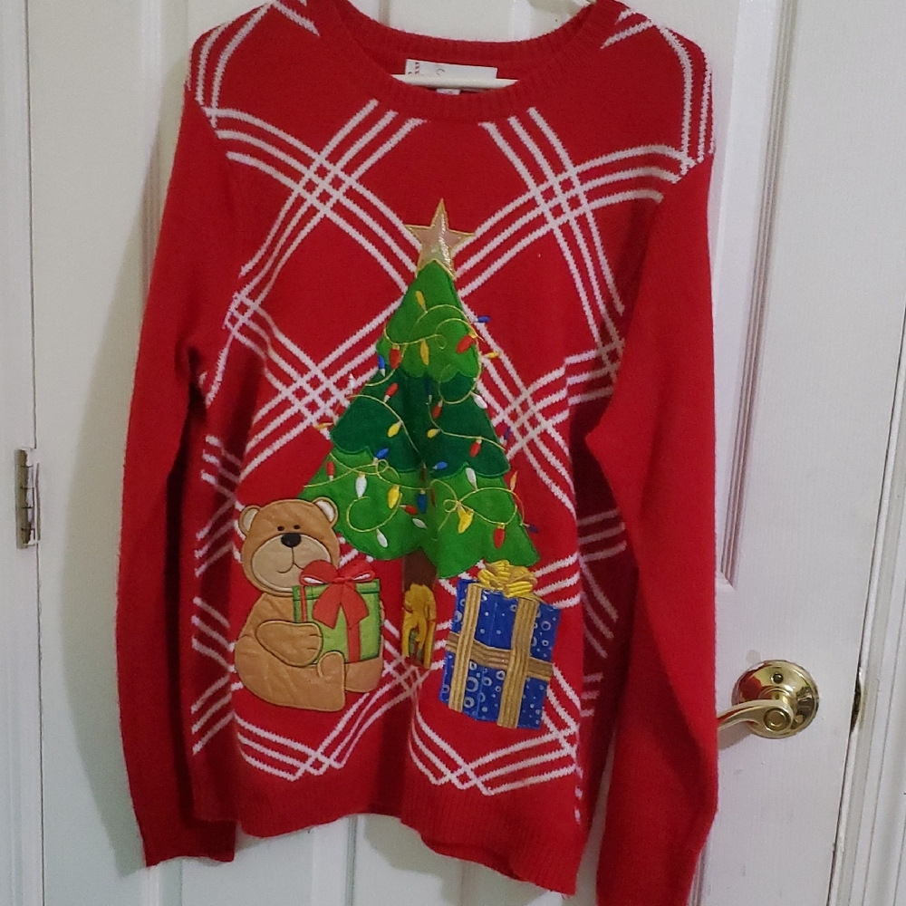 Vintage Jolly Sweater Red Christmas Bear and Tree Oversized Cute Ugly Sweater L